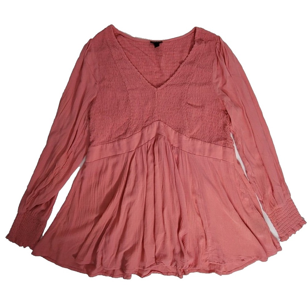 Torrid Blouse Women 1 1X Smocked Coral Pink Babydoll Crinkle Gauze Cottage Fairy
